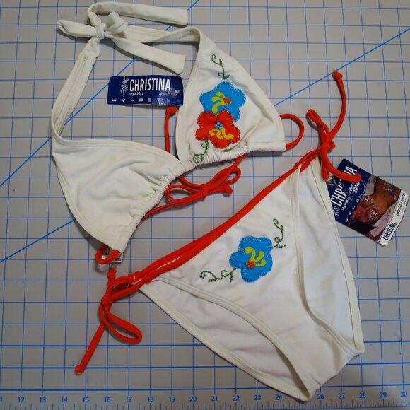 Christina 2-Piece Swimsuit White with Floral Appliqué Beading Embroidery Size M - Picture 6 of 16